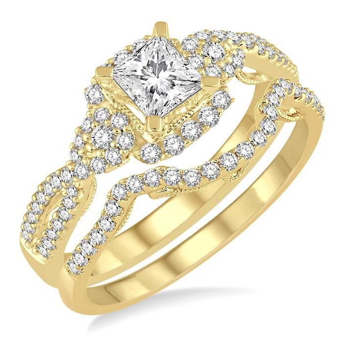 3/4 Ctw Diamond Bridal Set with 1/2 Ctw Princess Cut Engagement Ring and 1/6 Ctw Wedding Band in 14K Yellow Gold
