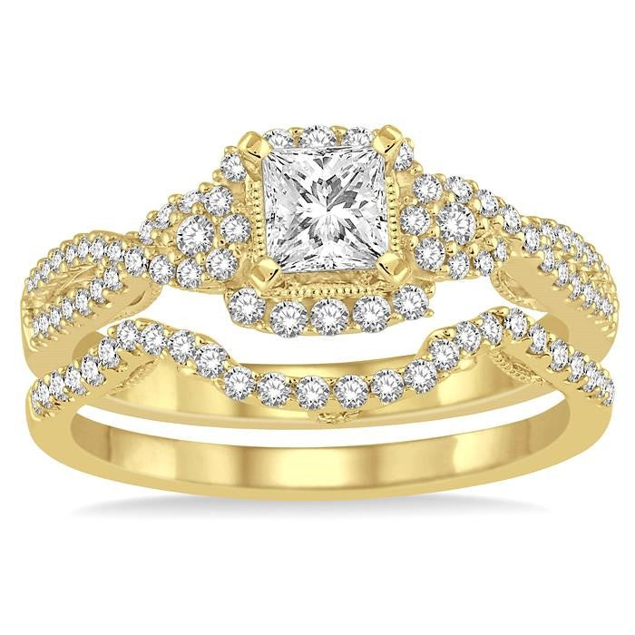 3/4 Ctw Diamond Bridal Set with 1/2 Ctw Princess Cut Engagement Ring and 1/6 Ctw Wedding Band in 14K Yellow Gold