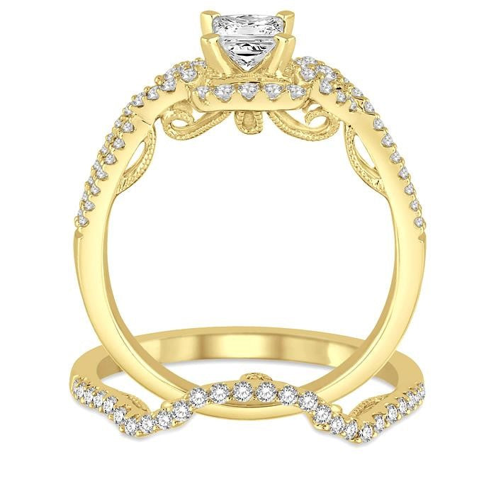 3/4 Ctw Diamond Bridal Set with 1/2 Ctw Princess Cut Engagement Ring and 1/6 Ctw Wedding Band in 14K Yellow Gold