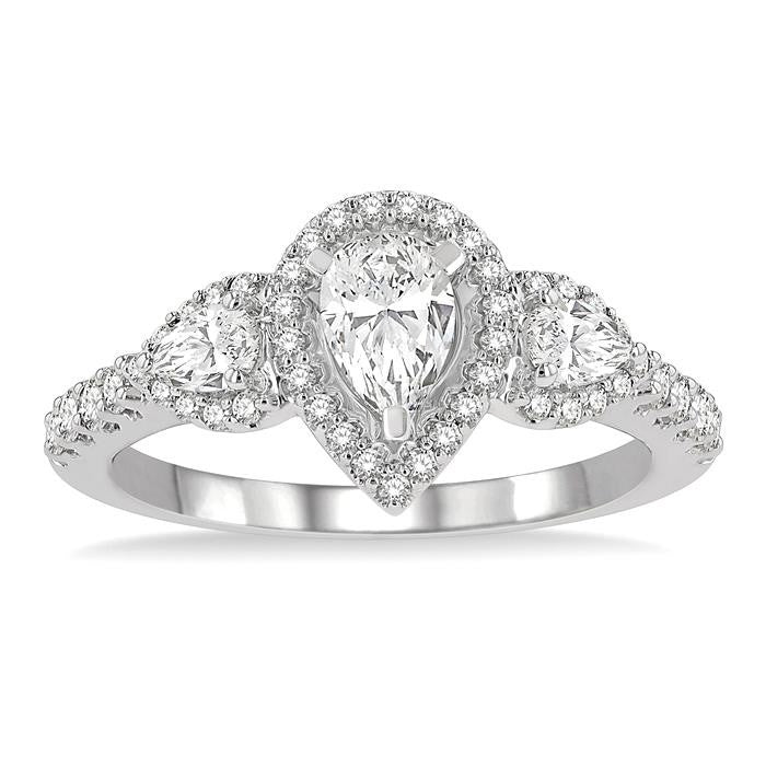 1 Ctw Past, Present & Future Round Cut Diamond Engagement Ring With 3/8 Ct Pear Cut Center Stone in 14K White Gold