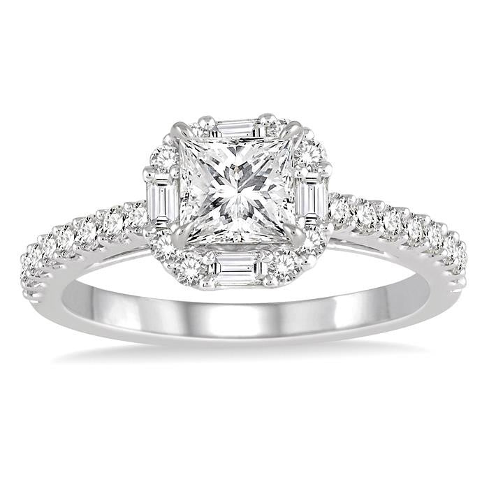 1 1/5 Ctw Diamond Engagement Ring with 5/8 Ct Princess Cut Center Stone in 14K White Gold