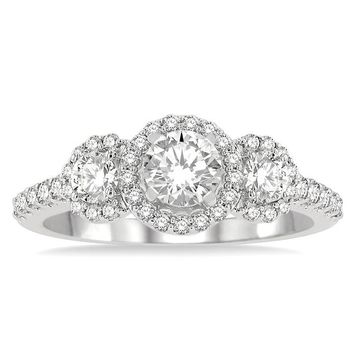 1 Ctw Past, Present & Future Diamond Engagement Ring With 3/8 Ct Round Cut Center Stone in 14K White Gold
