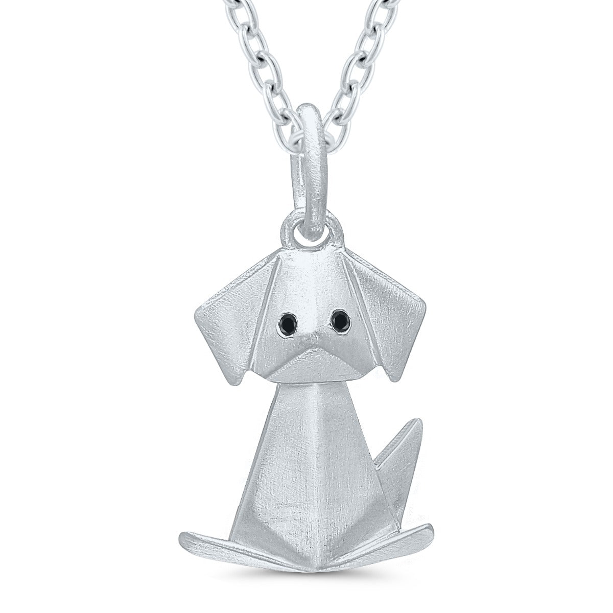 Miniature Silver Origami Dog Pendant .01ctw Black Diamond
