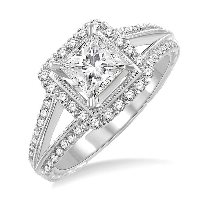 1 1/6 Ctw Diamond Engagement Ring with 3/4 Ct Princess Cut Center Stone in 14K White Gold