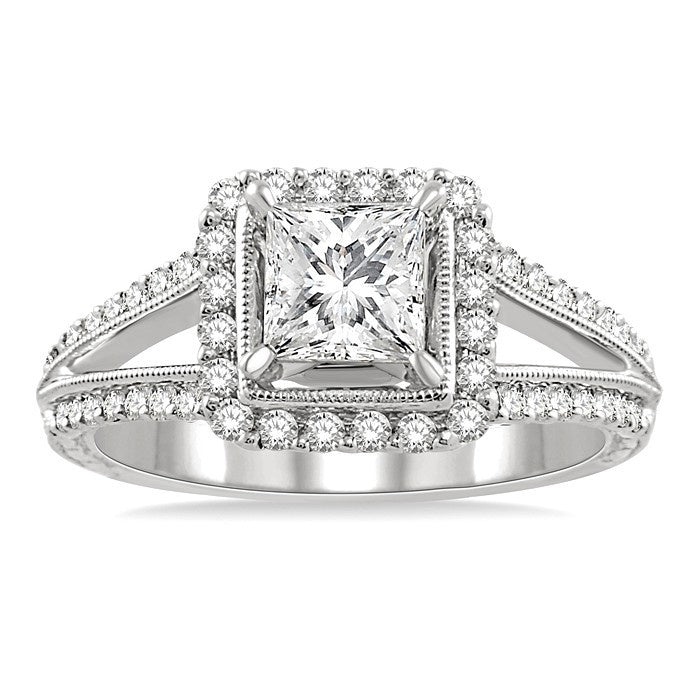 1 1/6 Ctw Diamond Engagement Ring with 3/4 Ct Princess Cut Center Stone in 14K White Gold