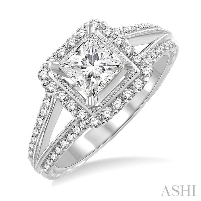 1 1/6 Ctw Diamond Engagement Ring with 3/4 Ct Princess Cut Center Stone in 14K White Gold