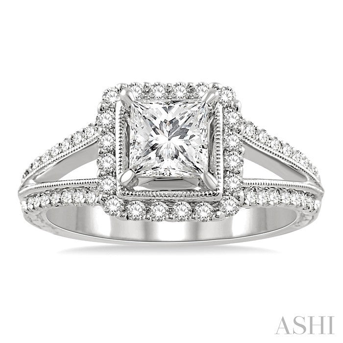 1 1/6 Ctw Diamond Engagement Ring with 3/4 Ct Princess Cut Center Stone in 14K White Gold
