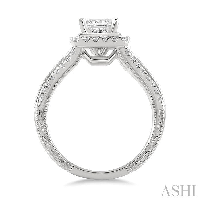 1 1/6 Ctw Diamond Engagement Ring with 3/4 Ct Princess Cut Center Stone in 14K White Gold
