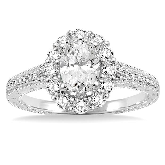 1 1/6 Ctw Diamond Engagement Ring with 5/8 Ct Oval Cut Center Stone in 14K White Gold