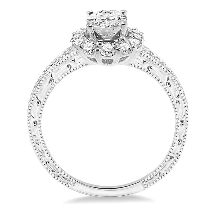 1 1/6 Ctw Diamond Engagement Ring with 5/8 Ct Oval Cut Center Stone in 14K White Gold