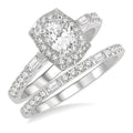 1 Ctw Baguette and Round Cut Diamond Wedding Set With 3/4 Ctw Cushion Shape Oval Cut Engagement Ring and 1/5 Ctw Wedding Band in 14K White Gold
