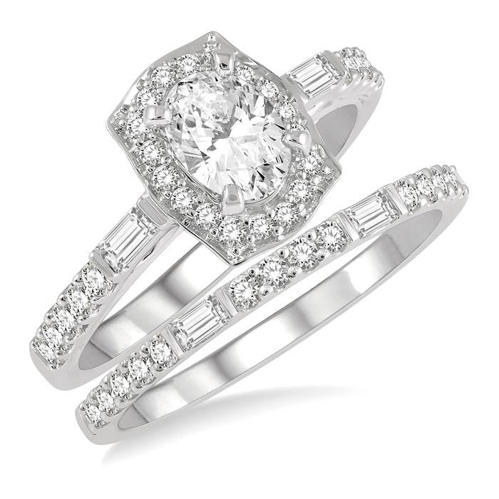 1 Ctw Baguette and Round Cut Diamond Wedding Set With 3/4 Ctw Cushion Shape Oval Cut Engagement Ring and 1/5 Ctw Wedding Band in 14K White Gold