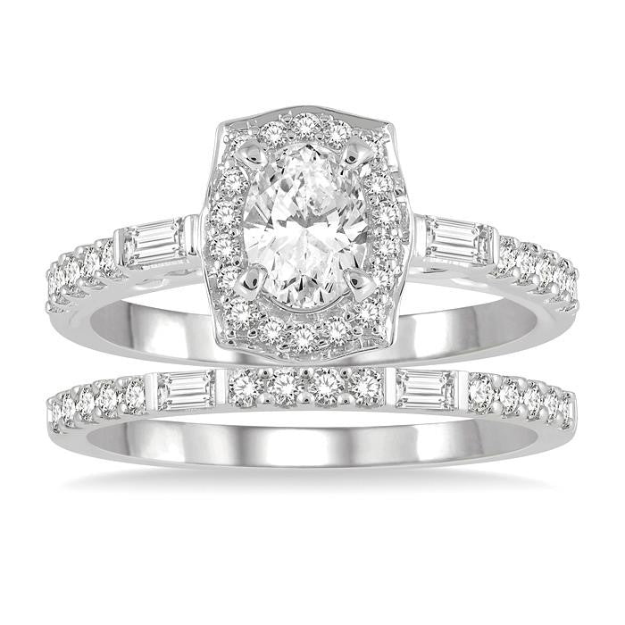 1 Ctw Baguette and Round Cut Diamond Wedding Set With 3/4 Ctw Cushion Shape Oval Cut Engagement Ring and 1/5 Ctw Wedding Band in 14K White Gold