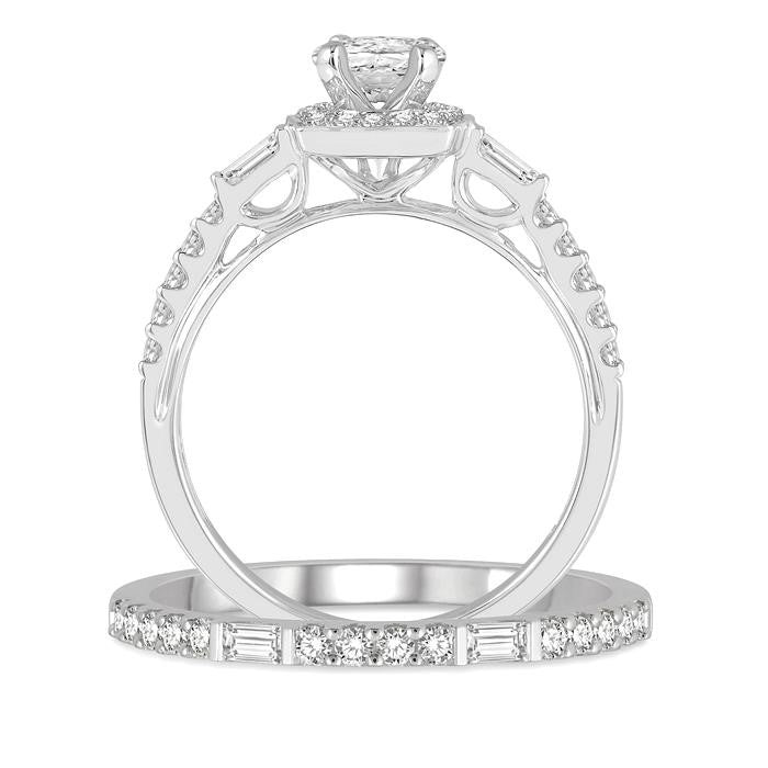 1 Ctw Baguette and Round Cut Diamond Wedding Set With 3/4 Ctw Cushion Shape Oval Cut Engagement Ring and 1/5 Ctw Wedding Band in 14K White Gold
