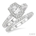 1 Ctw Baguette and Round Cut Diamond Wedding Set With 3/4 Ctw Cushion Shape Oval Cut Engagement Ring and 1/5 Ctw Wedding Band in 14K White Gold