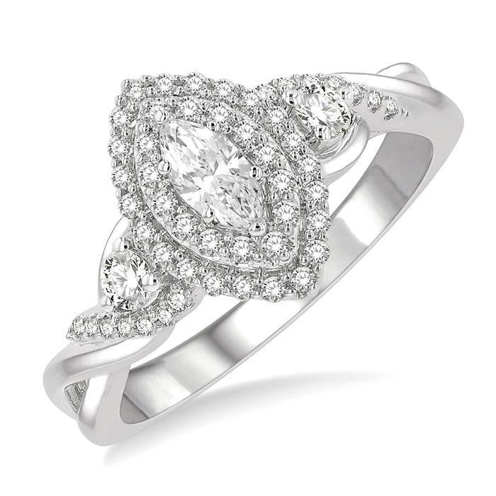 5/8 Ctw Split Twisted Shank Round Cut Diamond Engagement Ring With 1/4 Ct Marquise Cut Center Stone in 14K White Gold