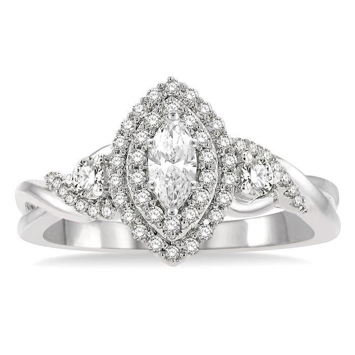 5/8 Ctw Split Twisted Shank Round Cut Diamond Engagement Ring With 1/4 Ct Marquise Cut Center Stone in 14K White Gold