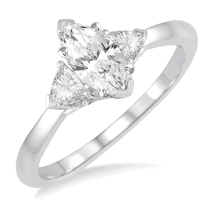 3/4 Ctw Marquise and Triangular Cut Diamond Ladies Engagement Ring with 1/2 Ct Marquise cut Center Stone in 14K White Gold