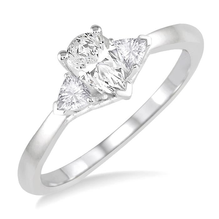 3/4 Ctw Pear and Triangle Cut Diamond Ladies Engagement Ring with 1/2 Ct Pear Cut Center Stone in 14K White Gold