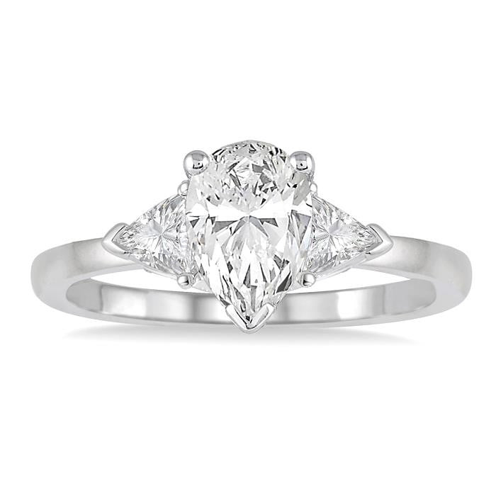 3/4 Ctw Pear and Triangle Cut Diamond Ladies Engagement Ring with 1/2 Ct Pear Cut Center Stone in 14K White Gold
