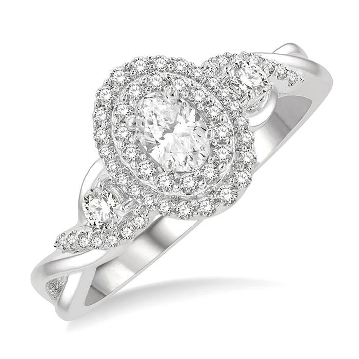 5/8 Ctw Split Twisted Shank Round Cut Diamond Engagement Ring With 1/4 Ct Oval Cut Center Stone in 14K White Gold