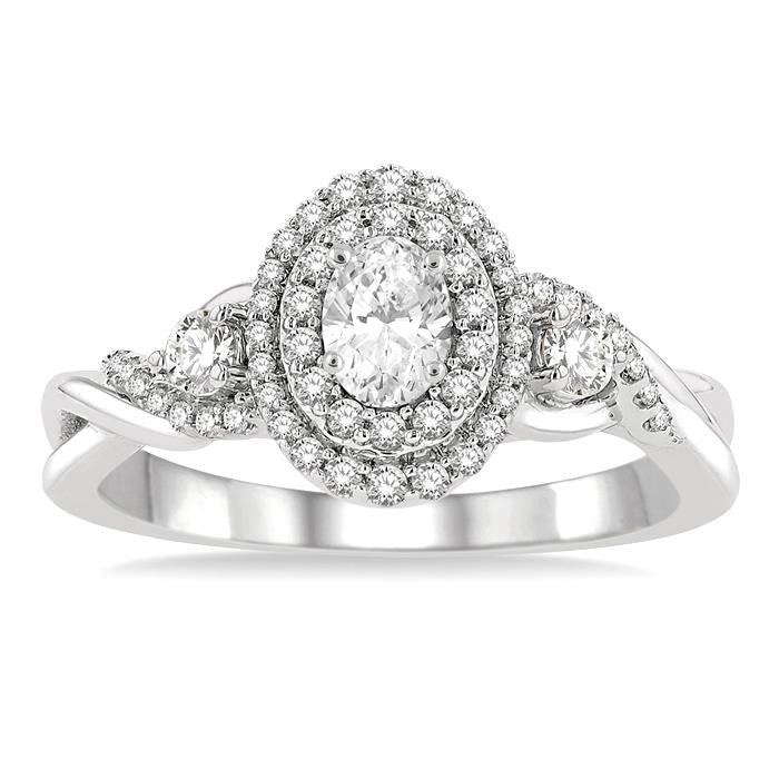 5/8 Ctw Split Twisted Shank Round Cut Diamond Engagement Ring With 1/4 Ct Oval Cut Center Stone in 14K White Gold
