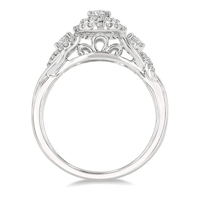 5/8 Ctw Split Twisted Shank Round Cut Diamond Engagement Ring With 1/4 Ct Oval Cut Center Stone in 14K White Gold