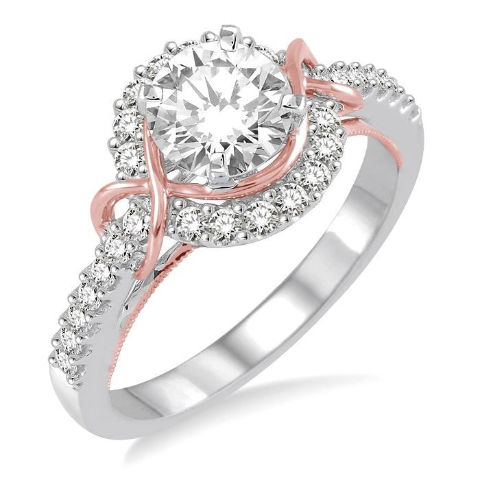 1 1/10 Ctw Diamond Engagement Ring with 3/4 Ct Round Cut Center Stone in 14K White and Rose Gold