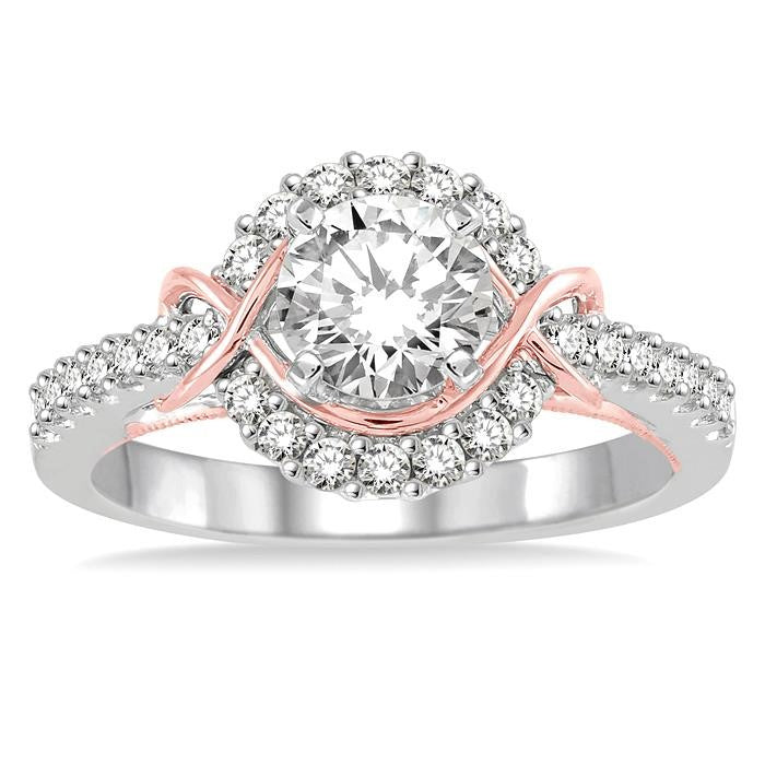 1 1/10 Ctw Diamond Engagement Ring with 3/4 Ct Round Cut Center Stone in 14K White and Rose Gold