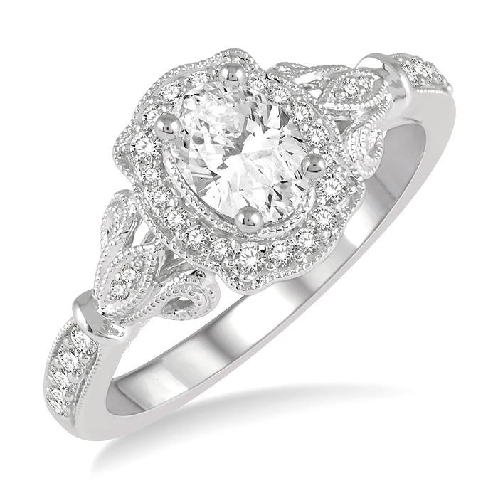 5/8 Ctw Lattice Shank Oval and Round Cut Diamond Ladies Engagement Ring with 3/8 Ct Oval Cut Center Stone in 14K White Gold