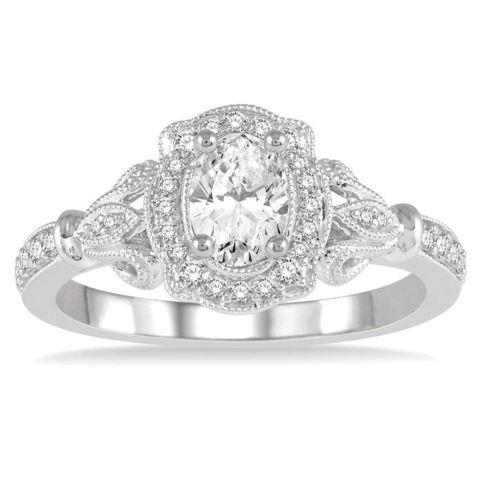 5/8 Ctw Lattice Shank Oval and Round Cut Diamond Ladies Engagement Ring with 3/8 Ct Oval Cut Center Stone in 14K White Gold