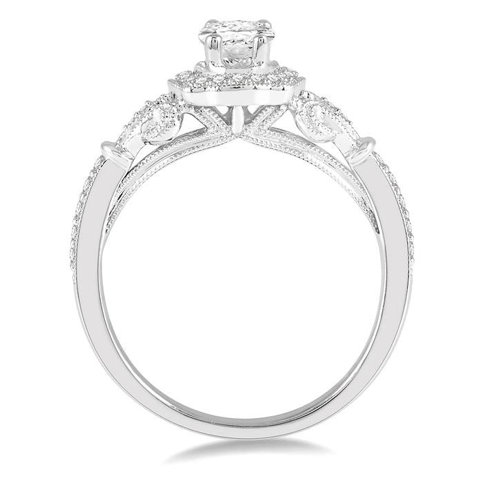 5/8 Ctw Lattice Shank Oval and Round Cut Diamond Ladies Engagement Ring with 3/8 Ct Oval Cut Center Stone in 14K White Gold