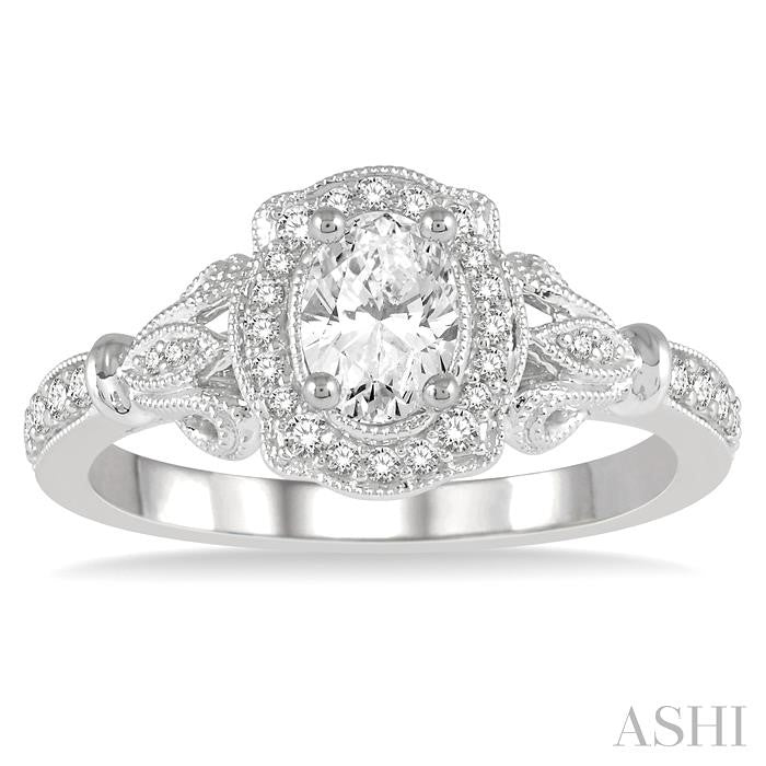 5/8 Ctw Lattice Shank Oval and Round Cut Diamond Ladies Engagement Ring with 3/8 Ct Oval Cut Center Stone in 14K White Gold
