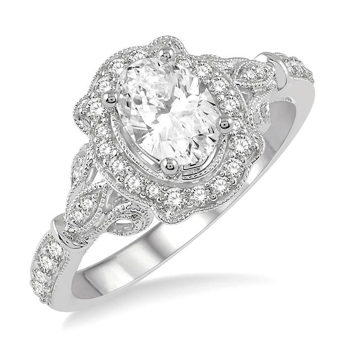 1/3 Ctw Lattice Oval Shape Semi-Mount Round Cut Diamond Engagement Ring in 14K White Gold