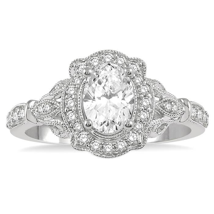 1/3 Ctw Lattice Oval Shape Semi-Mount Round Cut Diamond Engagement Ring in 14K White Gold