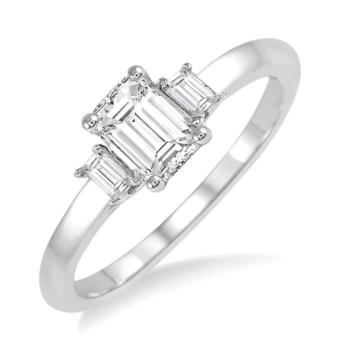 5/8 Ctw Emerald and Baguette Diamond Engagement Ring with 1/2 Ct Emerald cut Center Stone in 14K White Gold
