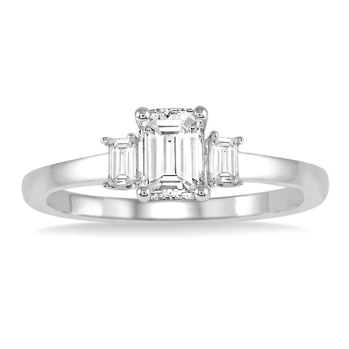 5/8 Ctw Emerald and Baguette Diamond Engagement Ring with 1/2 Ct Emerald cut Center Stone in 14K White Gold