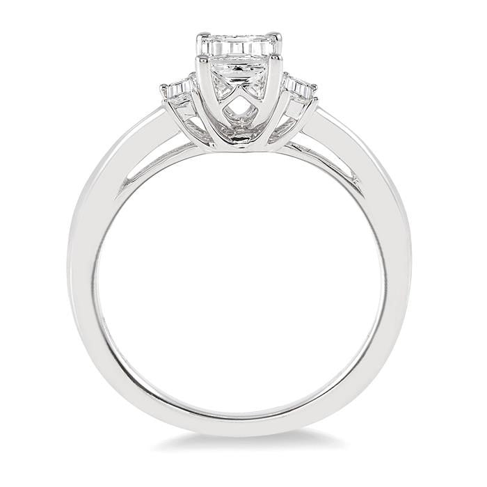 5/8 Ctw Emerald and Baguette Diamond Engagement Ring with 1/2 Ct Emerald cut Center Stone in 14K White Gold