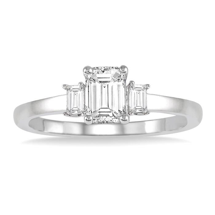 5/8 Ctw Emerald and Baguette Diamond Engagement Ring with 1/2 Ct Emerald cut Center Stone in 14K White Gold