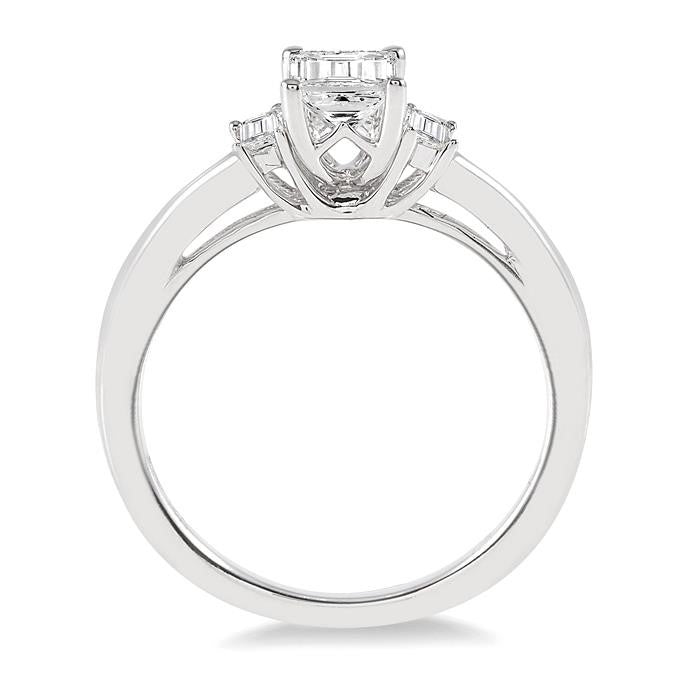 5/8 Ctw Emerald and Baguette Diamond Engagement Ring with 1/2 Ct Emerald cut Center Stone in 14K White Gold