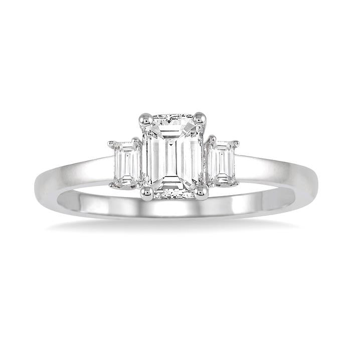 3/8 Ctw Octagonal and Baguette Diamond Ladies Engagement Ring with 1/3 Ct Emerald cut Center Stone in 14K White Gold