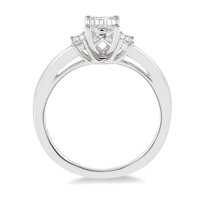 3/8 Ctw Octagonal and Baguette Diamond Ladies Engagement Ring with 1/3 Ct Emerald cut Center Stone in 14K White Gold