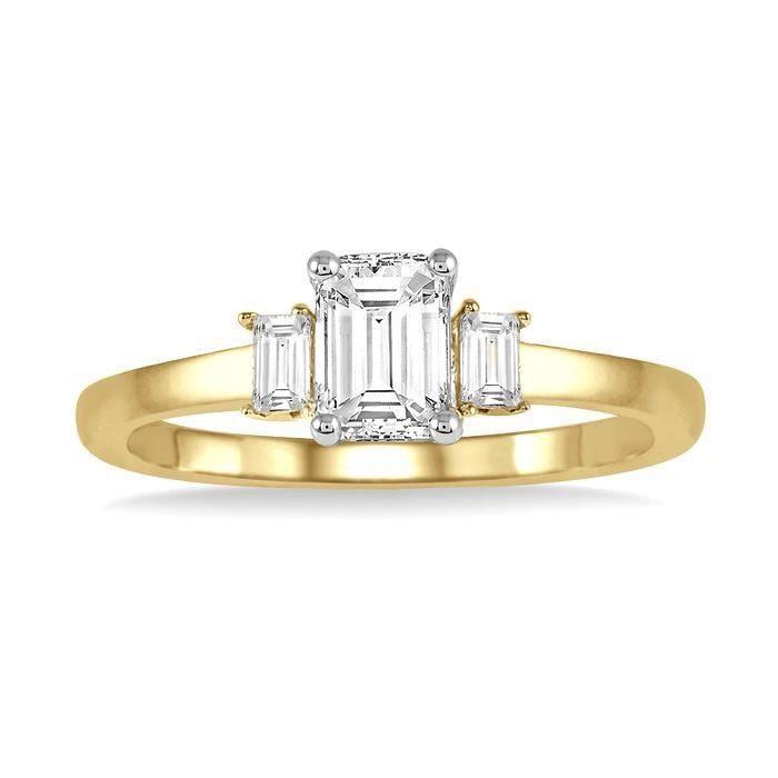 3/8 Ctw Octagonal and Baguette Diamond Ladies Engagement Ring with 1/3 Ct Emerald cut Center Stone in 14K Yellow and White Gold