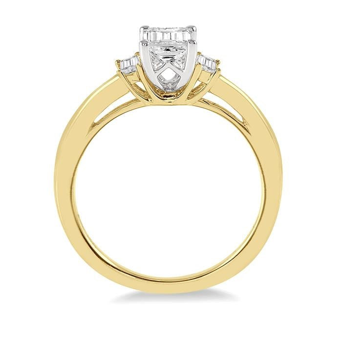 3/8 Ctw Octagonal and Baguette Diamond Ladies Engagement Ring with 1/3 Ct Emerald cut Center Stone in 14K Yellow and White Gold