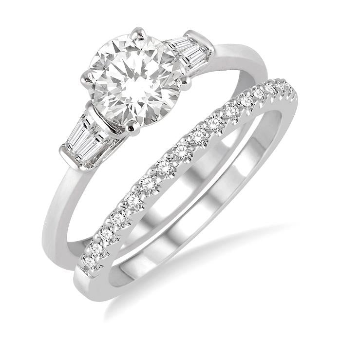 3/4 Ctw Diamond Wedding Set With 5/8 Ctw Baguette & Round Cut Engagement Ring and 1/6 Ctw Round Cut Diamond Wedding Band in 14K White Gold