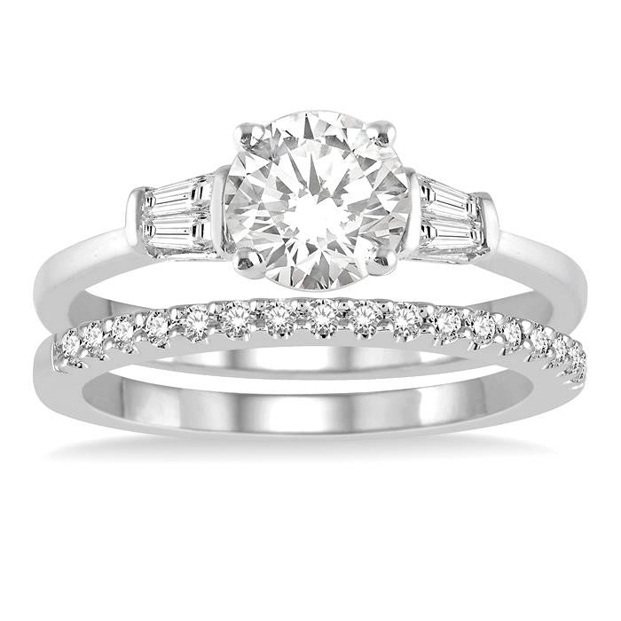 3/4 Ctw Diamond Wedding Set With 5/8 Ctw Baguette & Round Cut Engagement Ring and 1/6 Ctw Round Cut Diamond Wedding Band in 14K White Gold