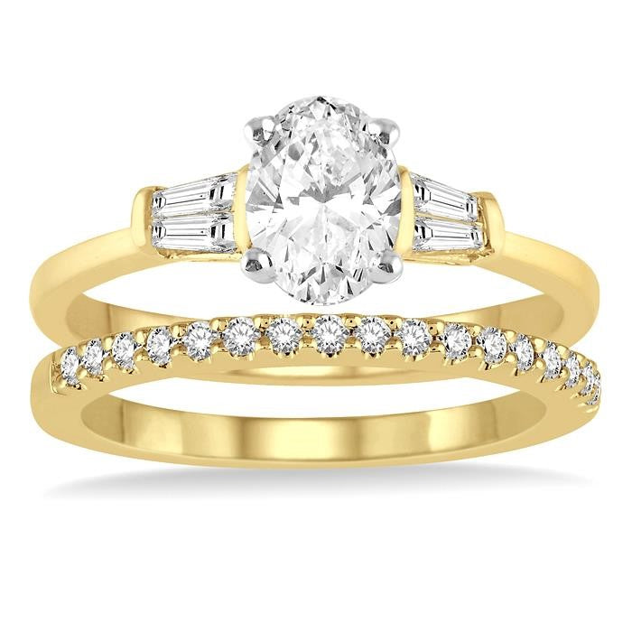 3/4 Ctw Diamond Wedding Set With 5/8 Ctw Baguette & Oval Cut Engagement Ring and 1/6 Ctw Round Cut Diamond Wedding Band in 14K Yellow and White Gold
