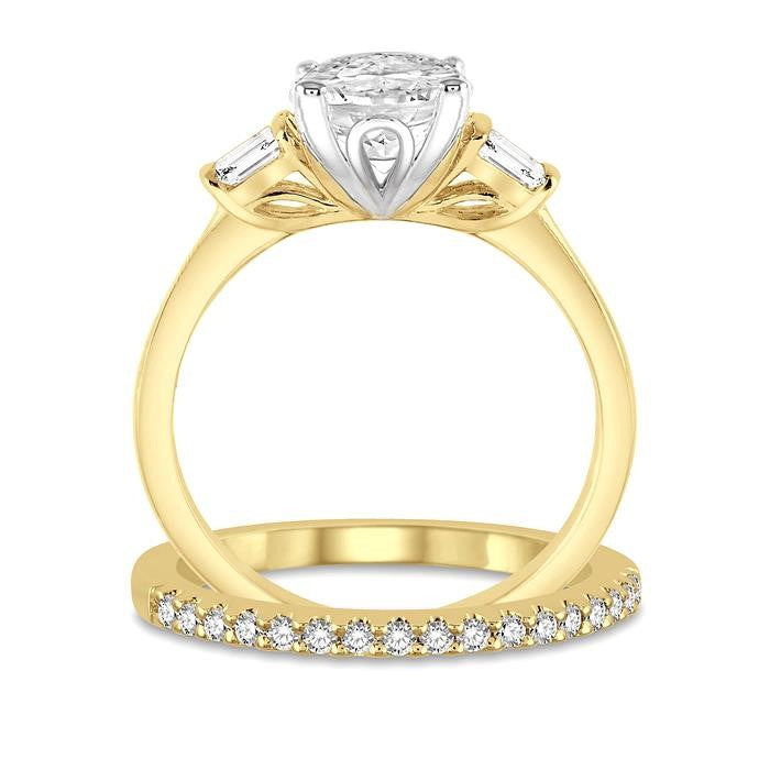 3/4 Ctw Diamond Wedding Set With 5/8 Ctw Baguette & Oval Cut Engagement Ring and 1/6 Ctw Round Cut Diamond Wedding Band in 14K Yellow and White Gold