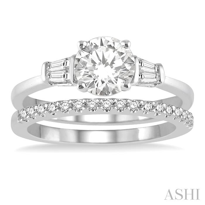 3/4 Ctw Diamond Wedding Set With 5/8 Ctw Baguette & Round Cut Engagement Ring and 1/6 Ctw Round Cut Diamond Wedding Band in 14K White Gold
