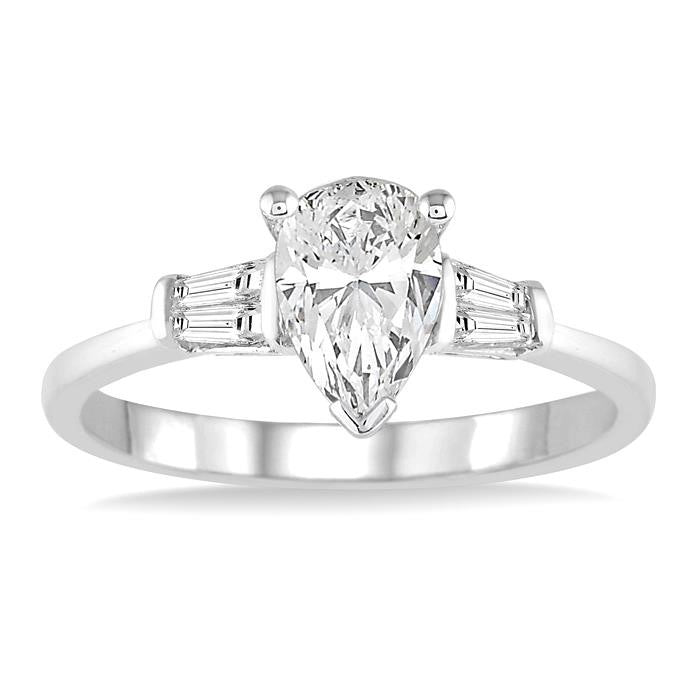 1/2 Ctw Baguette and Pear Cut Diamond Ladies Engagement Ring with 1/3 Ct Pear Cut Center Stone in 14K White Gold